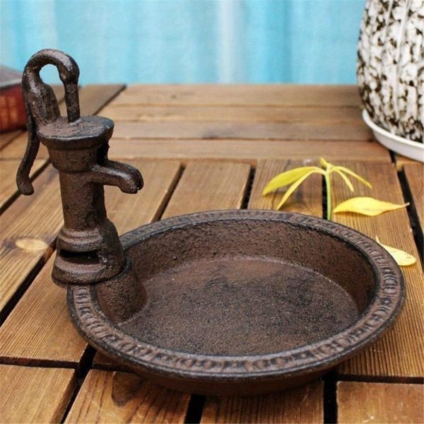 1pcs Rustic Style Cast Iron Vintage Water Pump Round Bird Feeder Outdoor Garden Balcony Decorative Water