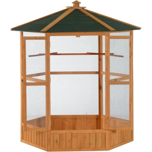 69″ Large Wooden Hexagonal Outdoor Aviary Flight Bird Cage with Covered Roof, Brown